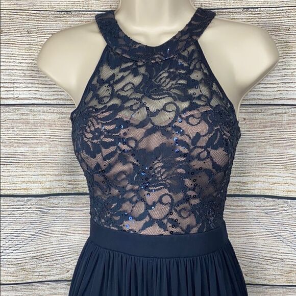 Morgan&Co Navy Blue Chiffon Laces Formal Long 
Dress - Picture 2 of 10